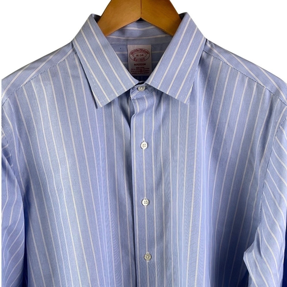 Brooks Brothers Madison Blue Pinstripe‎ Long Sleeve Non Iron Shirt 16/34 Men's